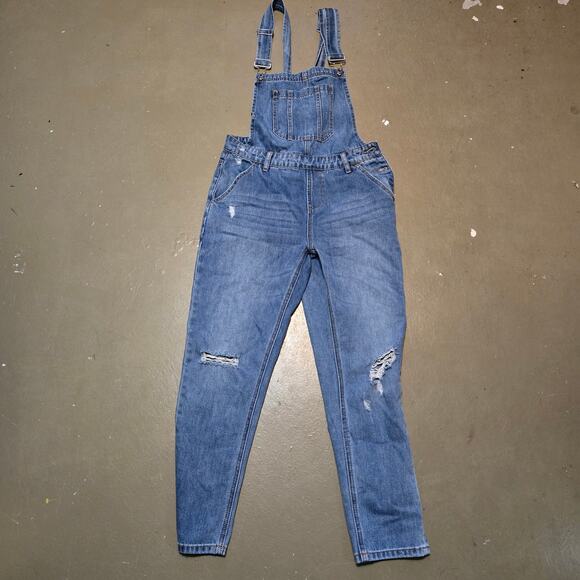 Risen Distressed Denim Straight Leg Bib Overalls Women's‎ Size Small - Picture 1 of 6
